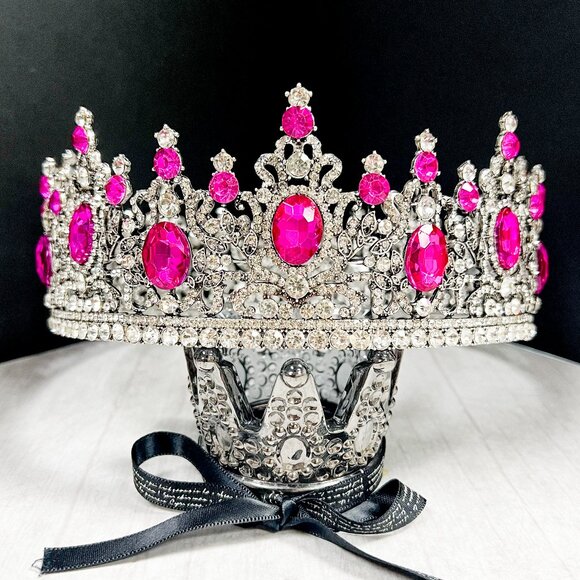 Royal Queen Crown for Women, Silver Wedding Crown, Fuchsia Crystal Crown